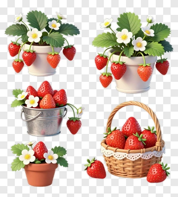 Strawberry Plants In Various Containers PNG