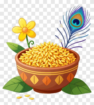 Colorful Bowl Of Rice With Flower And Peacock Feather PNG