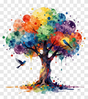 Colorful Tree With Birds PNG