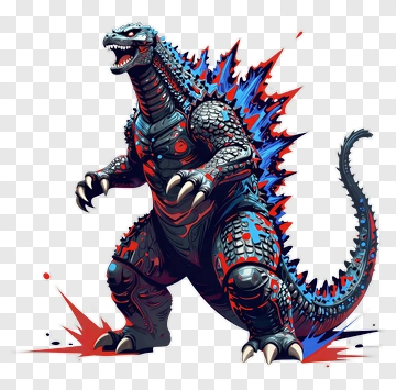 Cartoon Godzilla With Explosive Background PNG