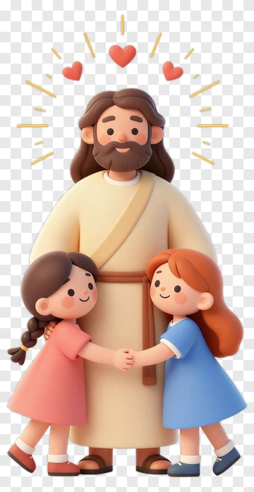 Cartoon Jesus With Two Children Holding Hands PNG
