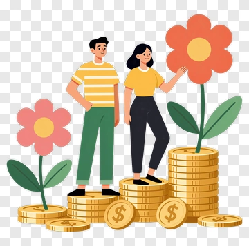 Couple Standing On Stacks Of Coins With Flowers PNG