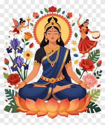 Goddess Sitting On A Lotus Flower Surrounded By Flowers PNG