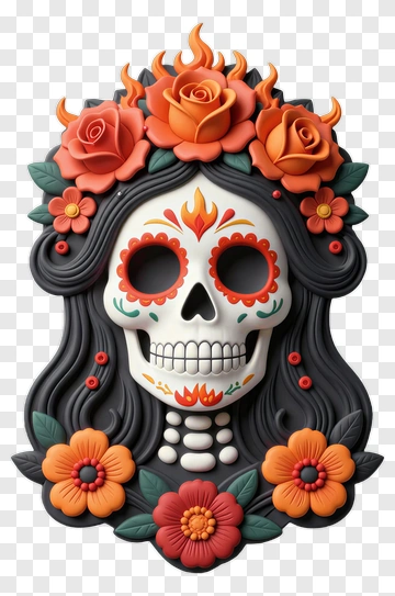 Colorful Sugar Skull With Flowers PNG