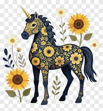 Decorative Unicorn Surrounded By Sunflowers PNG