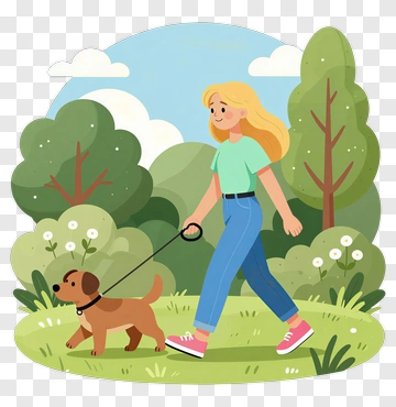 Woman Walking A Dog In A Park PNG