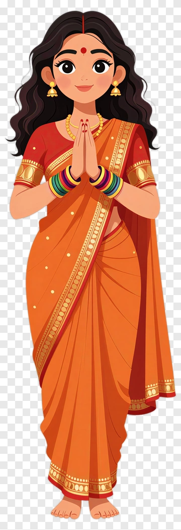Cartoon Woman In Orange Saree With Hands Together PNG