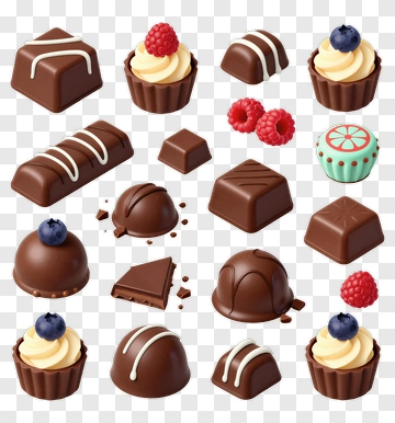 Assorted Chocolate Confectionery With Raspberries And Blueberries PNG