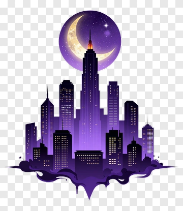 City Skyline At Night With Moon And Stars PNG