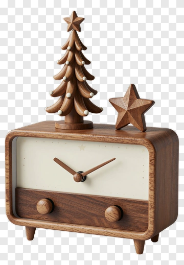 Wooden Clock With Christmas Tree And Star Decoration PNG