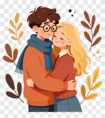 Happy Couple Embracing Among Autumn Leaves PNG