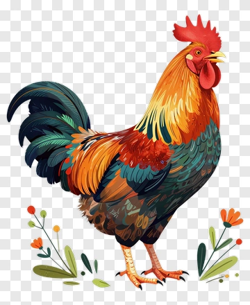 Colorful Rooster Standing Among Flowers PNG