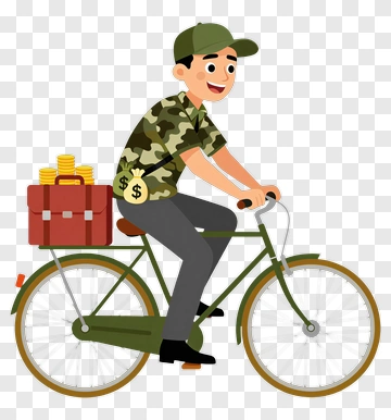 Cartoon Man Riding A Bicycle With Money Bag PNG