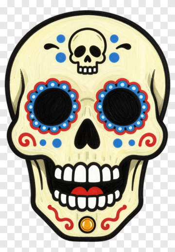 Colorful Sugar Skull With Floral Decorations PNG