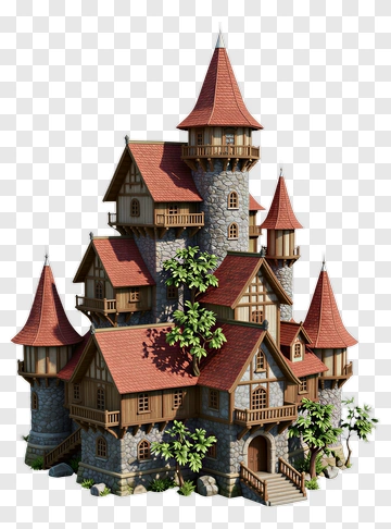 3D Fantasy Castle With Turrets And Trees PNG