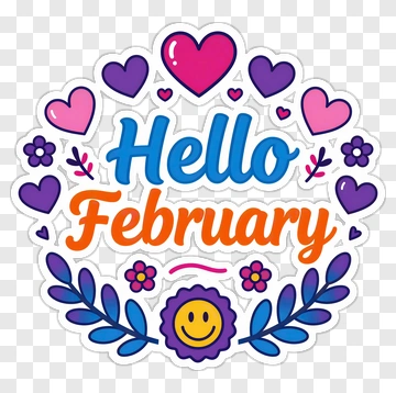 Hello February Greeting With Hearts And Flowers PNG