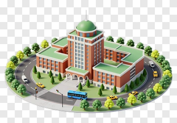 3D Building With Roundabout And Trees PNG