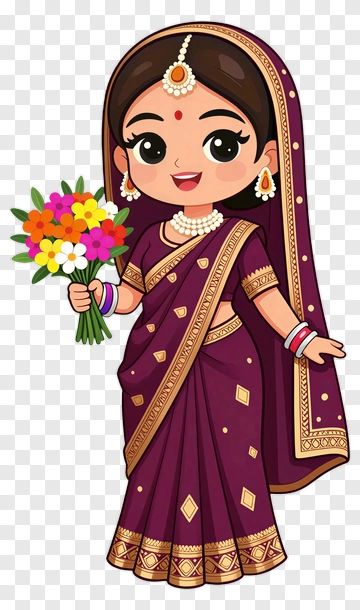 Cartoon Woman In Traditional Indian Attire Holding Flowers PNG