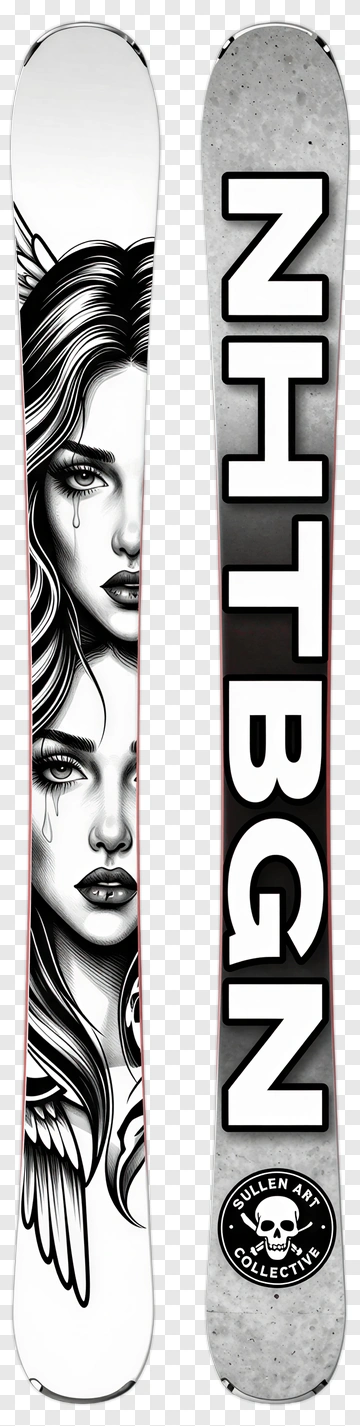 Snowboard With Artistic Design Featuring A Woman's Face PNG