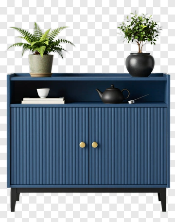 Modern Blue Sideboard With Plants And Teapot PNG