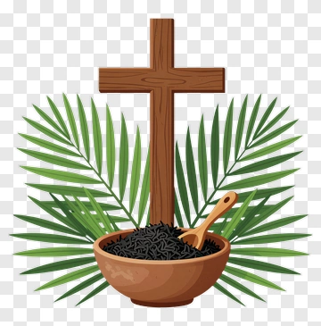 Cross With Bowl Of Ashes And Palm Leaves PNG