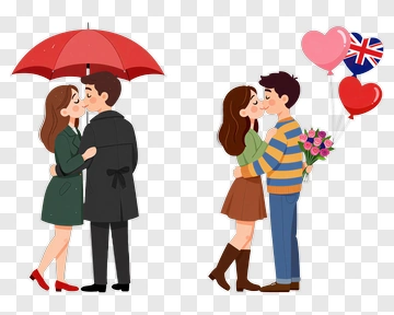 Couple Kissing Under An Umbrella And Holding Balloons PNG