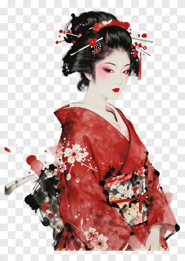 Traditional Japanese Woman In Red Kimono PNG