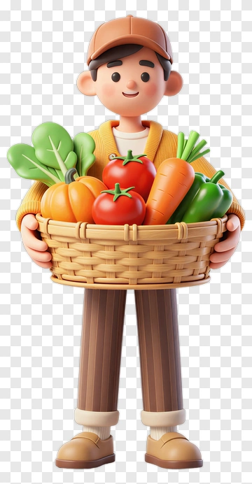 3D Farmer Holding A Basket Of Fresh Vegetables PNG