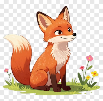 Cartoon Fox Sitting In A Flower Field PNG