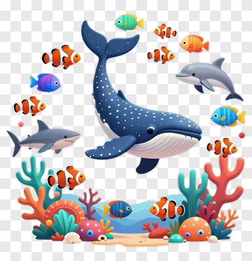 Cartoon Whale Surrounded By Colorful Fish And Coral PNG
