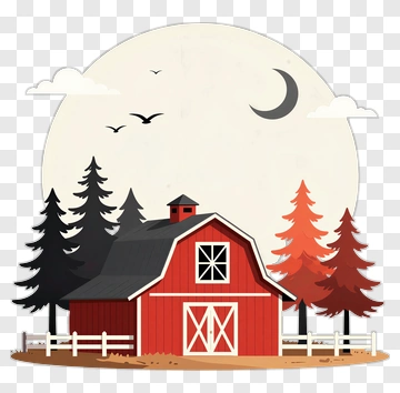 Red Barn Surrounded By Trees Under A Moonlit Sky PNG