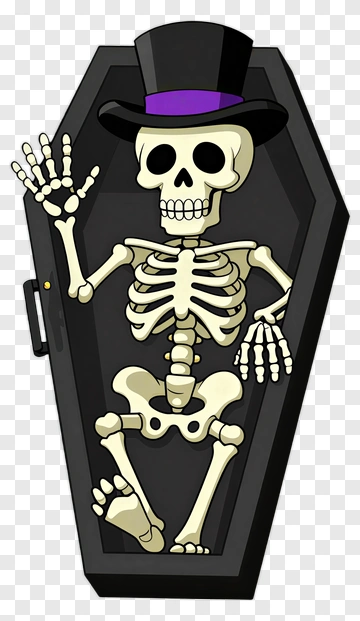 Cartoon Skeleton In A Coffin Wearing A Top Hat PNG