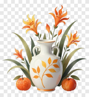 Vase With Orange Flowers And Oranges PNG