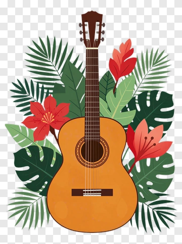 Acoustic Guitar Surrounded By Tropical Leaves And Flowers PNG