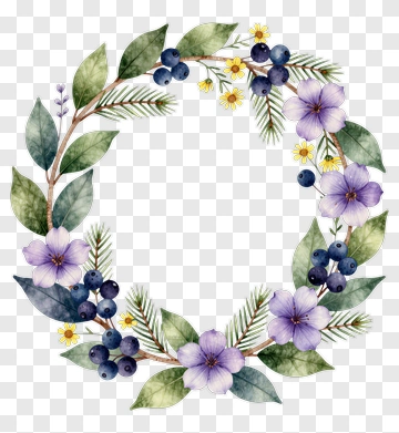 Floral Wreath With Blueberries And Purple Flowers PNG