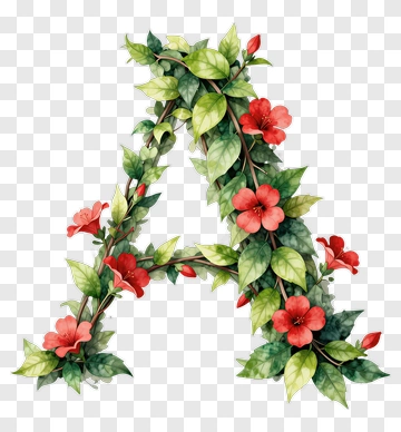 Floral Letter A With Green Leaves And Red Flowers PNG