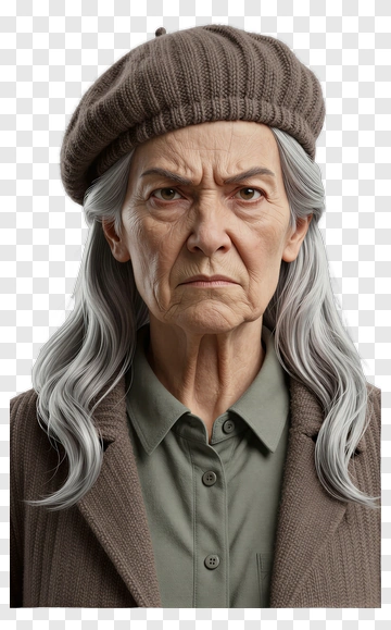 Serious Elderly Woman With Gray Hair And Beret PNG