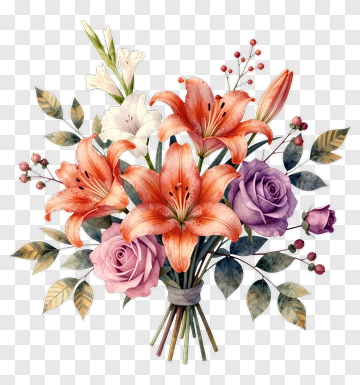 Colorful Flower Bouquet With Lilies And Roses PNG