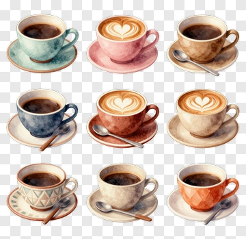 Colorful Coffee Cups With Latte Art PNG