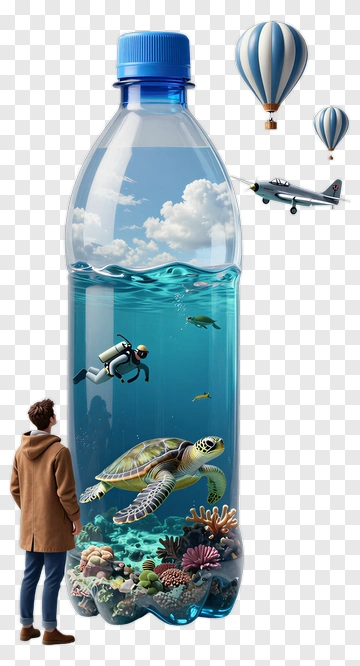 Man Looking At A Bottle With Underwater Scene PNG