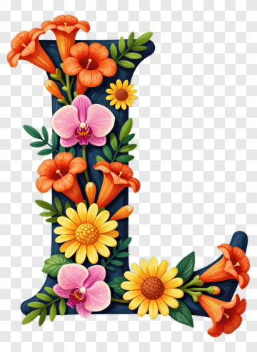 Floral Letter L With Colorful Flowers PNG