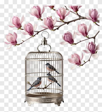 Birdcage With Birds And Magnolia Flowers PNG