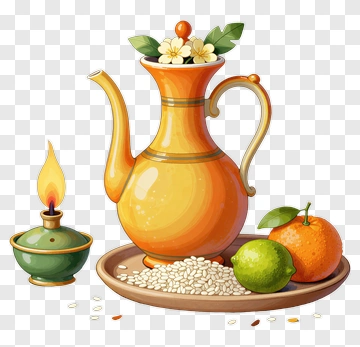 Colorful Teapot With Citrus Fruits And A Candle PNG