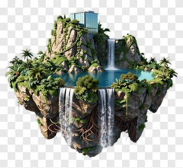 Floating Island With Waterfalls And Modern House PNG