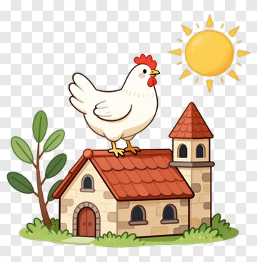 Cartoon Chicken On A House Roof PNG