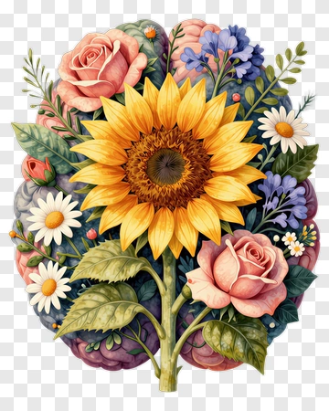 Colorful Floral Bouquet With Sunflower And Roses PNG