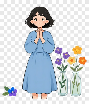 Girl With Flowers In Bottles PNG
