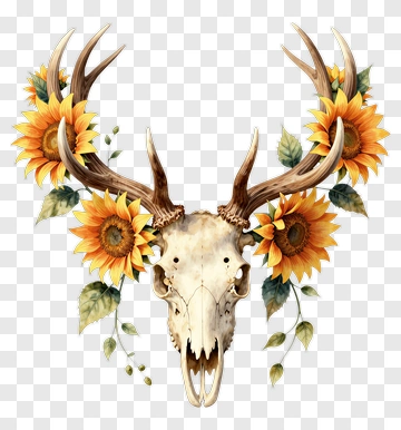 Deer Skull Decorated With Sunflowers PNG