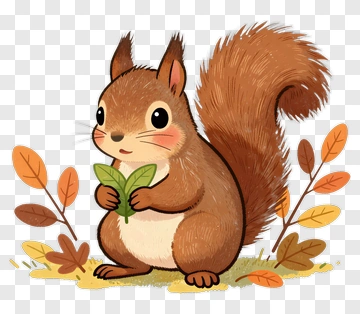 Cartoon Squirrel Holding Leaves PNG