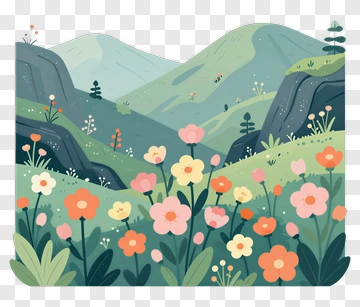 Colorful Mountain Landscape With Flowers PNG